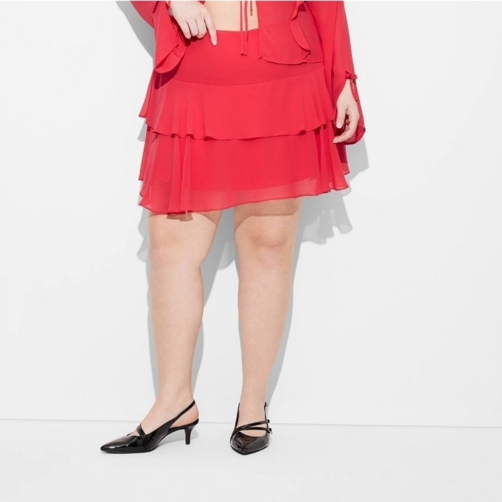 Wild Fable Women's Tiered Chiffon Mini A-Line Skirt Red High Rise Pull-On